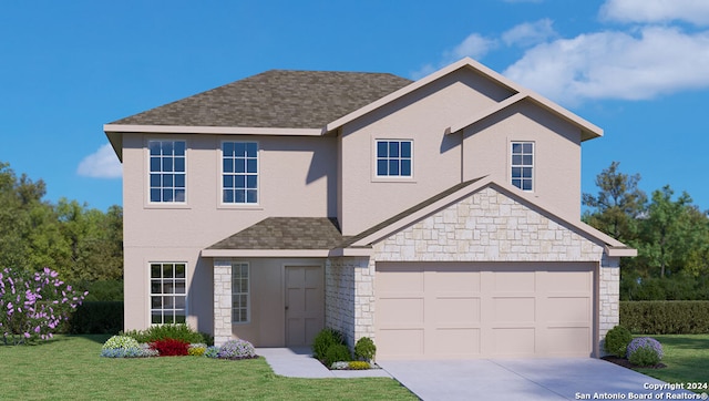 traditional home with stucco siding, stone siding, roof with shingles, a front lawn, and concrete driveway