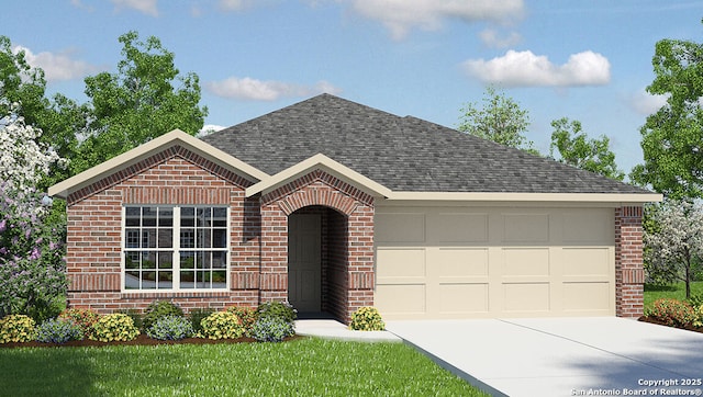 ranch-style house featuring roof with shingles, concrete driveway, an attached garage, and brick siding