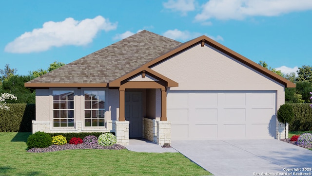 single story home with concrete driveway, stone siding, a shingled roof, a front lawn, and a garage