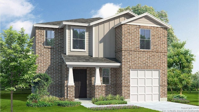 view of front facade featuring driveway, an attached garage, board and batten siding, and brick siding