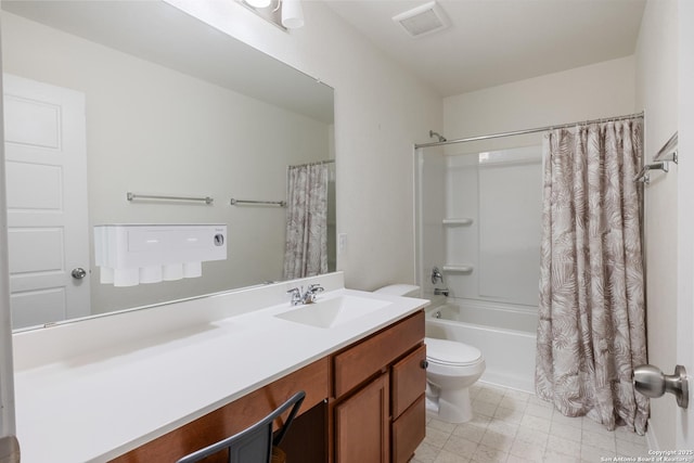 bathroom featuring visible vents, shower / tub combo with curtain, toilet, and vanity