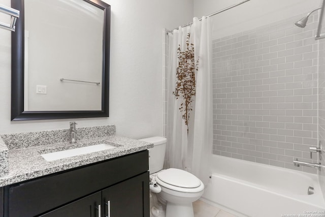 bathroom featuring tile patterned floors, shower / bathtub combination with curtain, toilet, and vanity