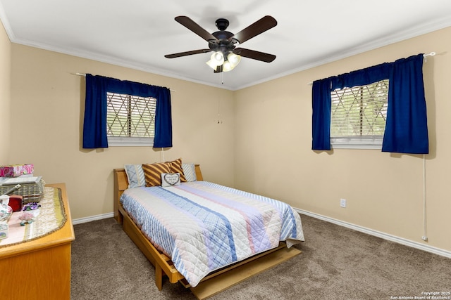 114 Nueces, Seguin, TX 78155 - carpeted bedroom featuring crown molding, ceiling fan, and baseboards