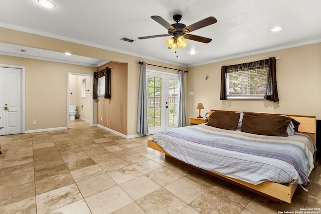 114 Nueces, Seguin, TX 78155 - bedroom featuring recessed lighting, access to exterior, ornamental molding, baseboards, and visible vents