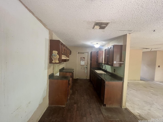 7322 Goya, San Antonio, TX 78239 - kitchen with visible vents, dark countertops, a textured ceiling, and a sink