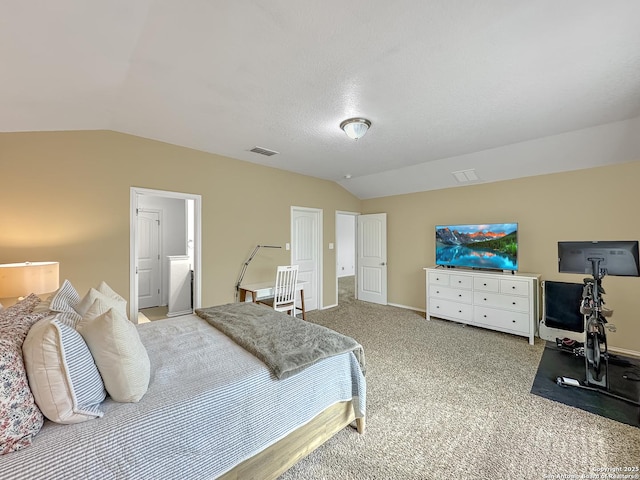 carpeted bedroom featuring visible vents, lofted ceiling, and baseboards