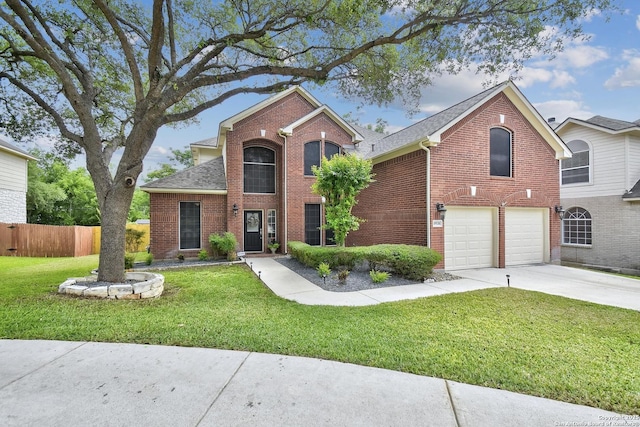 19538 Azure Oak, San Antonio, TX 78258 - traditional home with brick siding, fence, a garage, driveway, and a front lawn