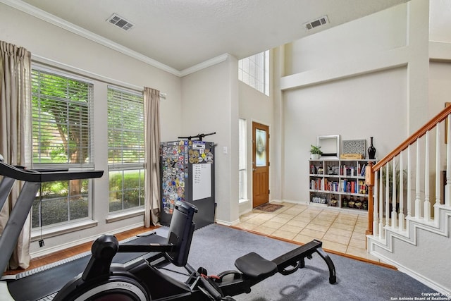 19538 Azure Oak, San Antonio, TX 78258 - exercise area featuring crown molding, visible vents, and a healthy amount of sunlight