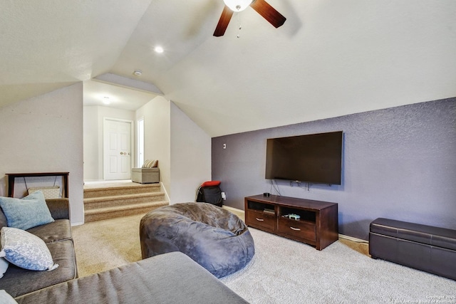 19538 Azure Oak, San Antonio, TX 78258 - carpeted living area with lofted ceiling, a ceiling fan, and baseboards