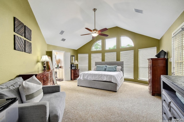 19538 Azure Oak, San Antonio, TX 78258 - bedroom featuring lofted ceiling, light colored carpet, visible vents, and a ceiling fan