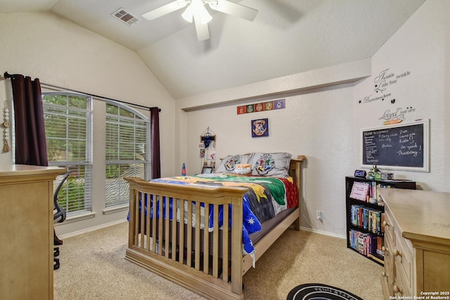 19538 Azure Oak, San Antonio, TX 78258 - carpeted bedroom with visible vents, a ceiling fan, vaulted ceiling, and baseboards