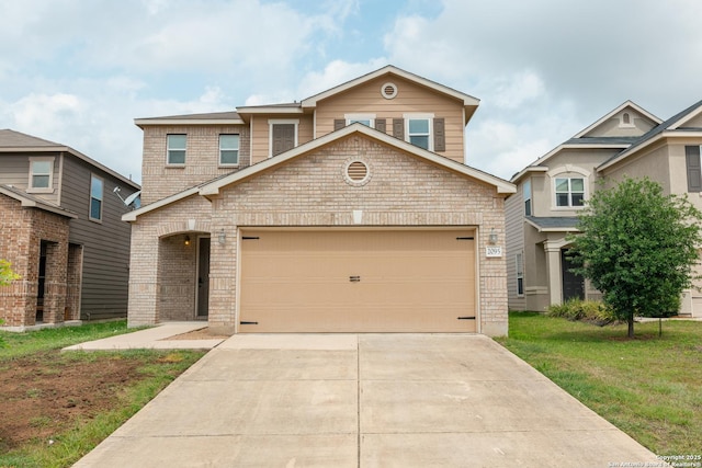 view of front of house with a front lawn, driveway, a garage, and brick siding
