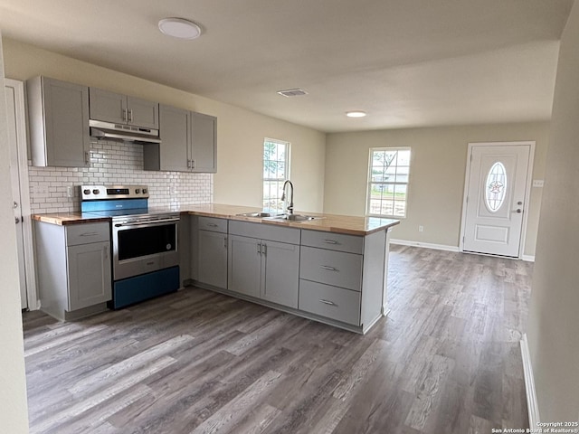 708 E 5th, Nixon, TX 78140 - kitchen featuring a sink, stainless steel range with electric stovetop, under cabinet range hood, and gray cabinets