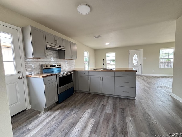 708 E 5th, Nixon, TX 78140 - kitchen featuring electric stove, gray cabinets, and wooden counters