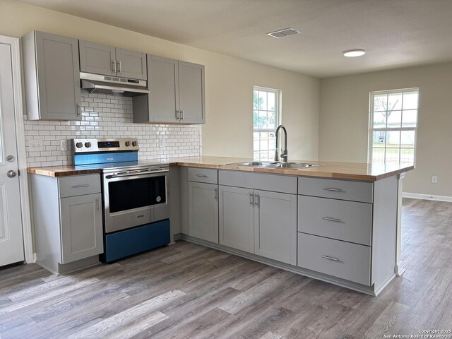 708 E 5th, Nixon, TX 78140 - kitchen with a sink, gray cabinets, under cabinet range hood, and stainless steel electric range