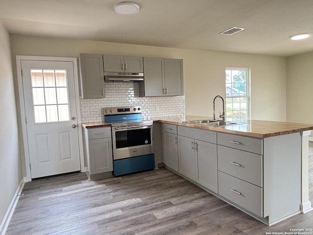 708 E 5th, Nixon, TX 78140 - kitchen with gray cabinetry, a peninsula, under cabinet range hood, and stainless steel electric range
