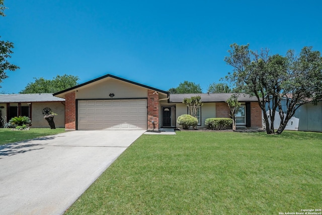 ranch-style home with brick siding, a front yard, concrete driveway, and an attached garage