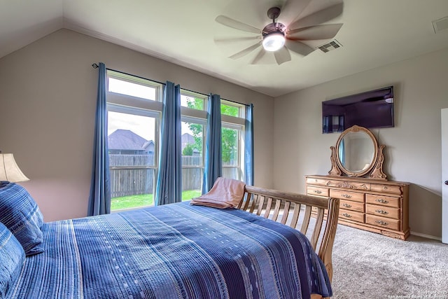 2097 Range Rd, Seguin, TX 78155 - bedroom with lofted ceiling, visible vents, ceiling fan, and carpet
