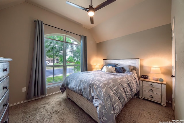 2097 Range Rd, Seguin, TX 78155 - carpeted bedroom featuring baseboards, ceiling fan, and vaulted ceiling