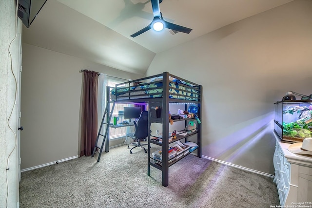 2097 Range Rd, Seguin, TX 78155 - carpeted bedroom featuring a ceiling fan, lofted ceiling, and baseboards