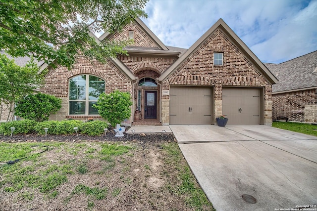 2097 Range Rd, Seguin, TX 78155 - french country inspired facade with concrete driveway, roof with shingles, a garage, and brick siding