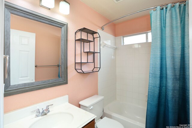 6819 Liberty Stone, San Antonio, TX 78244 - bathroom featuring toilet, vanity, and shower / bath combination with curtain