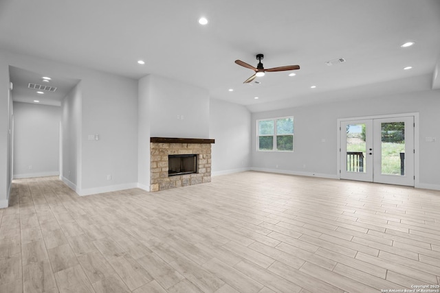 unfurnished living room featuring recessed lighting, a ceiling fan, visible vents, and light wood-style flooring