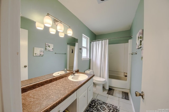 bathroom featuring toilet, tile patterned flooring, shower / tub combo, and vanity