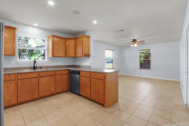 kitchen featuring a sink, visible vents, a ceiling fan, a peninsula, and dishwashing machine