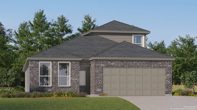 view of front of home featuring concrete driveway, a shingled roof, a front yard, an attached garage, and brick siding