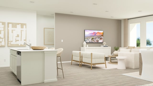 living room with baseboards and light wood finished floors