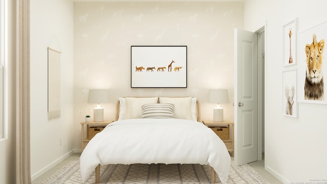 bedroom featuring baseboards and light colored carpet