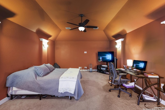 bedroom with ceiling fan, visible vents, vaulted ceiling, baseboards, and carpet floors