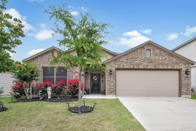 view of front facade with brick siding, a front lawn, driveway, and an attached garage