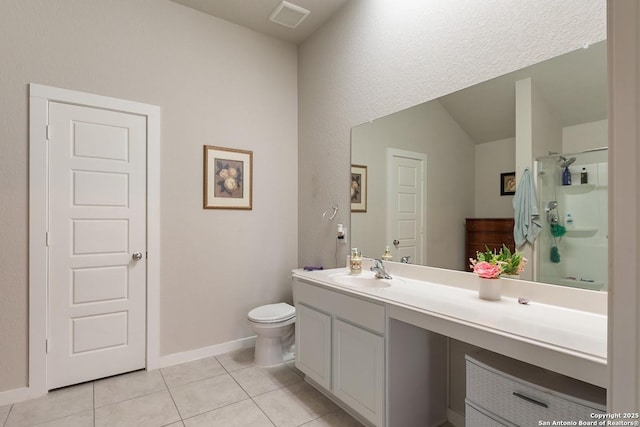 bathroom with vanity, tile patterned floors, toilet, a shower with shower door, and visible vents