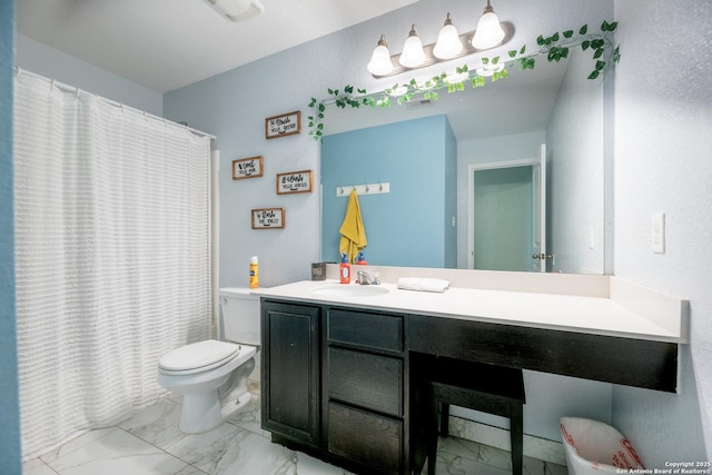bathroom with toilet, a shower with curtain, marble finish floor, and vanity