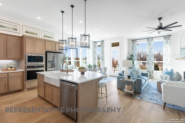 349 Hulda, New Braunfels, TX 78130 - kitchen with light wood finished floors, a sink, light countertops, appliances with stainless steel finishes, and open floor plan