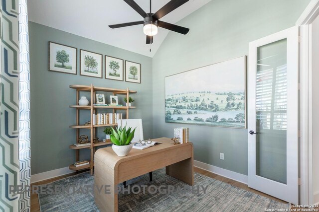 349 Hulda, New Braunfels, TX 78130 - office featuring a ceiling fan, vaulted ceiling, wood finished floors, and baseboards