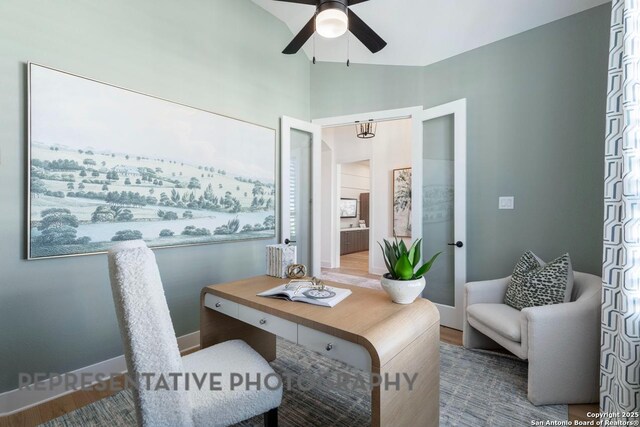 349 Hulda, New Braunfels, TX 78130 - office space with baseboards, wood finished floors, ceiling fan, and vaulted ceiling