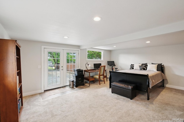 carpeted bedroom with baseboards, french doors, recessed lighting, and access to exterior