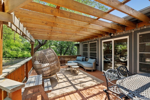 exterior space featuring a pergola and outdoor lounge area
