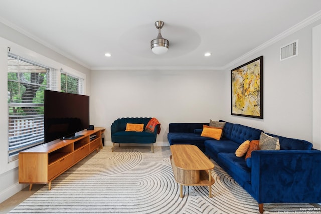 living area with baseboards, ornamental molding, recessed lighting, and visible vents