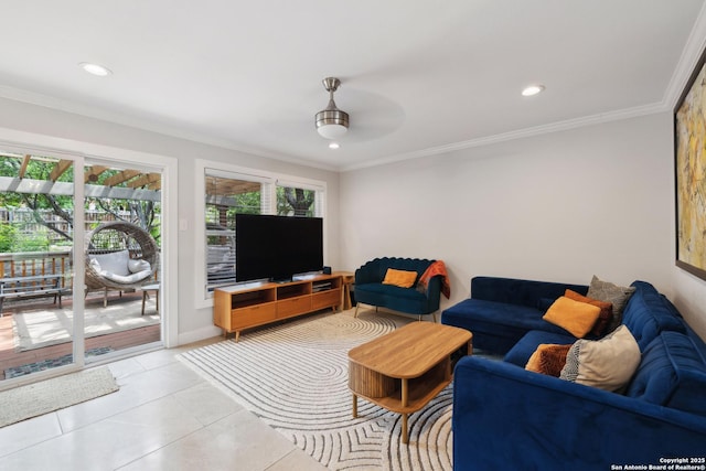 living area with crown molding, recessed lighting, baseboards, and light tile patterned flooring