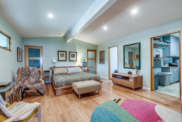 bedroom featuring light wood-style floors, lofted ceiling with beams, recessed lighting, and baseboards