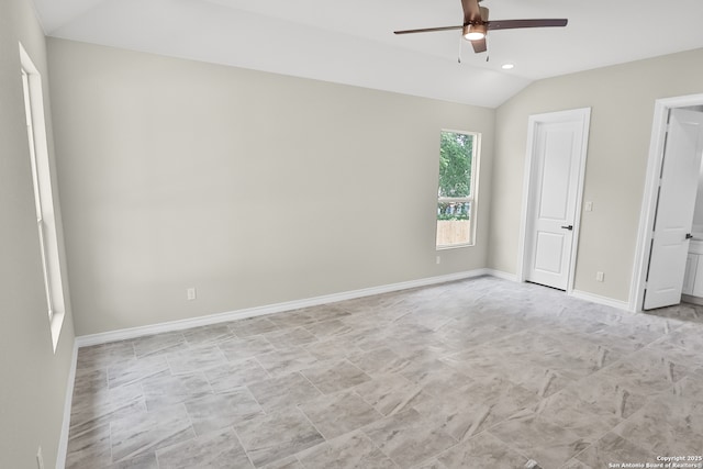 unfurnished bedroom with recessed lighting, a ceiling fan, vaulted ceiling, and baseboards