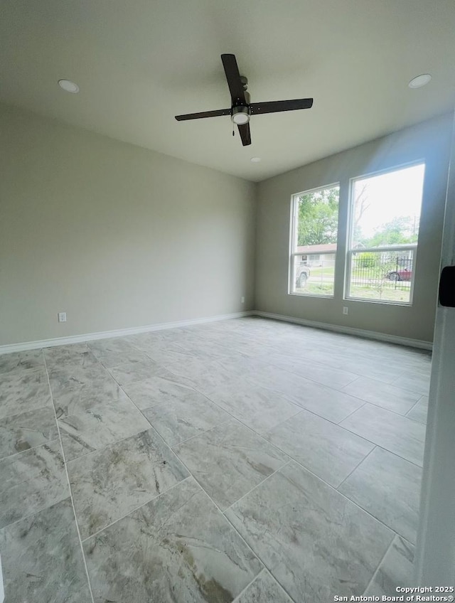 unfurnished room featuring baseboards, recessed lighting, and ceiling fan