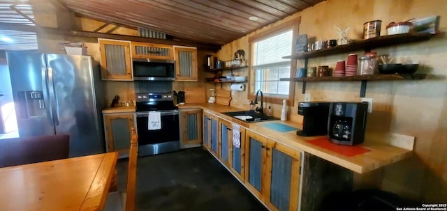 702 Schubert, Fredericksburg, TX 78624 - kitchen featuring wood ceiling, appliances with stainless steel finishes, open shelves, vaulted ceiling, and a sink