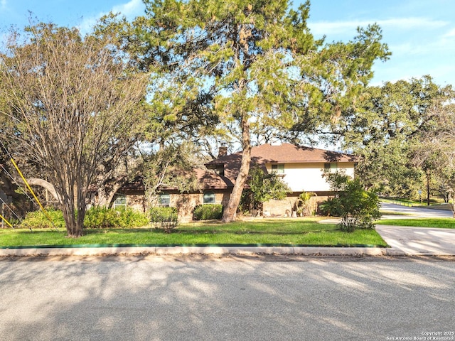 view of property hidden behind natural elements featuring a chimney and a front lawn