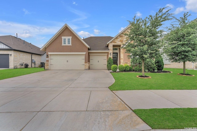 craftsman-style house featuring a front lawn, stone siding, a garage, stucco siding, and concrete driveway