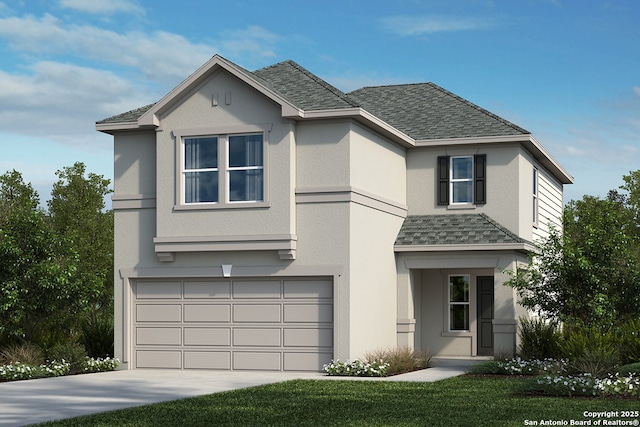 view of front of home with a garage, a high end roof, stucco siding, and driveway